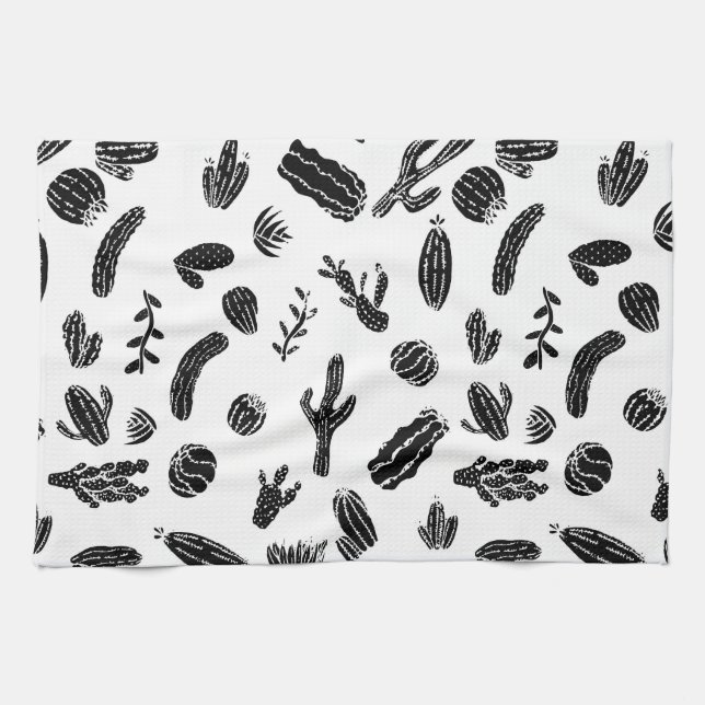 Linge De Cuisine Motif succulent noir et blanc moderne de cactus (Horizontal)