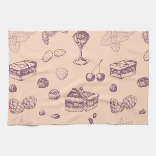 Linge De Cuisine Motif sucré avec des desserts variés.