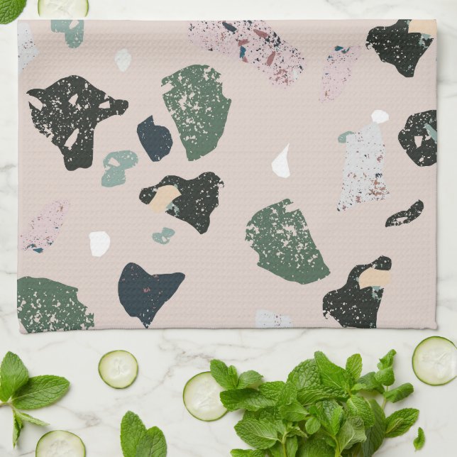 Linge De Cuisine Motif Terrazzo Vert (Plié)