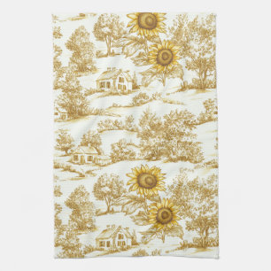 Linge De Cuisine Motif Toile Botanique Tournesol Or Vintage