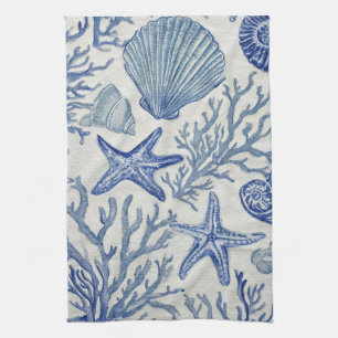 Linge De Cuisine Motif Toile Côtière Bleue Coquillage Corail