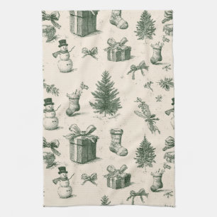 Linge De Cuisine Motif toile de Noël vintage forêt verte crème