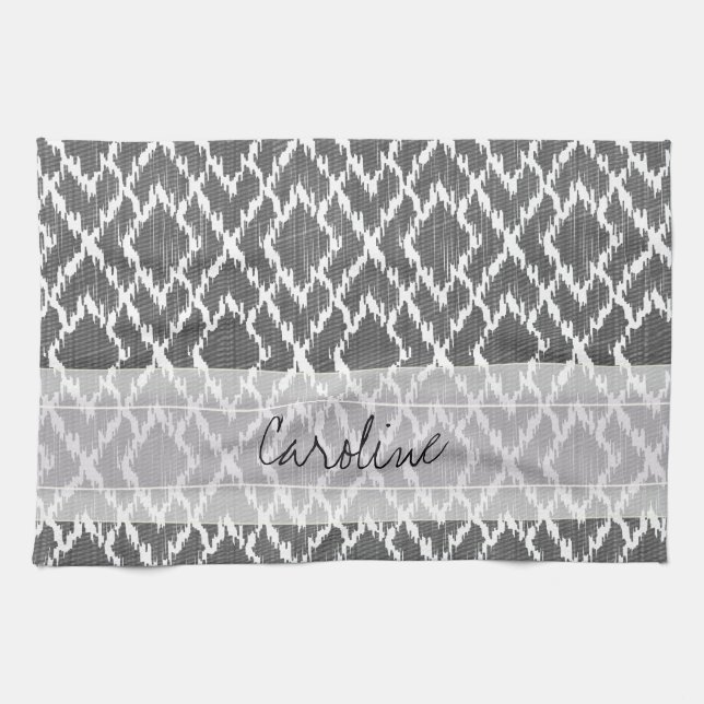 Linge De Cuisine Motif tribal de diamant d'Ikat de gris de charbon (Horizontal)