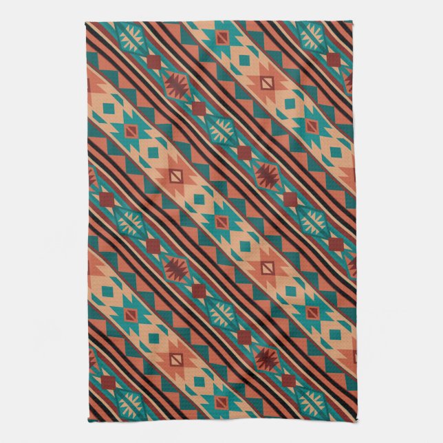 Linge De Cuisine Motif Tribal Sud-Ouest Turquoise Terracotta (Vertical)