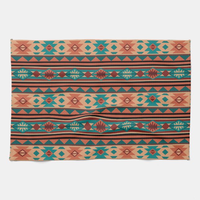 Linge De Cuisine Motif Tribal Sud-Ouest Turquoise Terracotta (Horizontal)