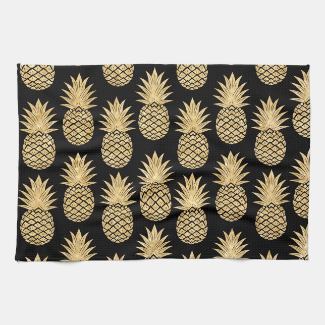 Linge De Cuisine Motif tropical élégant d'ananas de noir et d'or (Horizontal)
