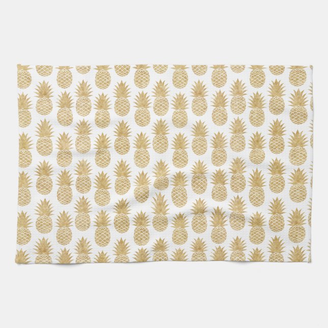 Linge De Cuisine Motif tropical élégant d'ananas d'or blanc (Horizontal)