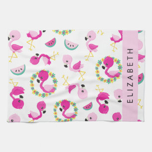 Linge De Cuisine Motif tropical, Flamants roses, Fleurs, Votre Nom