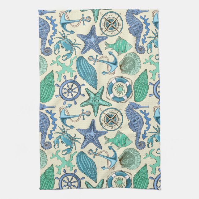 Linge De Cuisine Motif turquoise d'animaux de mer (Vertical)