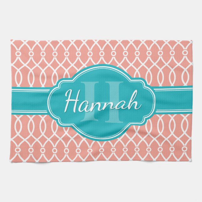 Linge De Cuisine Motif Turquoise Monogramme rose blanc élégant (Horizontal)