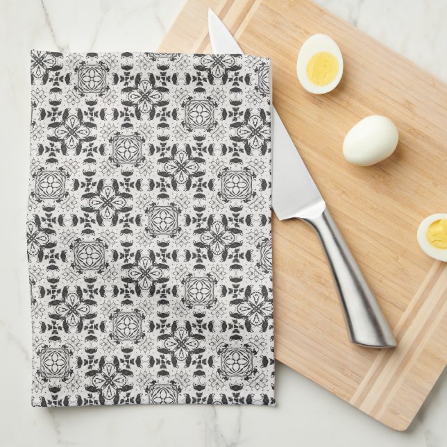 Linge De Cuisine Motif unique noir et blanc (Quart Plié)