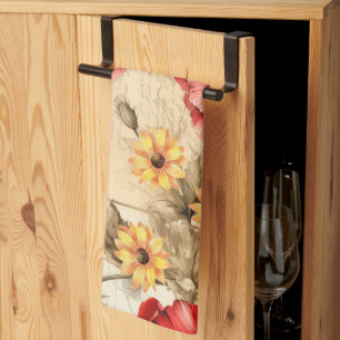 Linge De Cuisine Motif unique Vintage Sunflower & Red Poppies