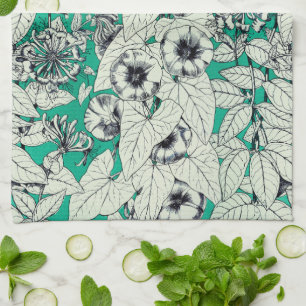 Linge De Cuisine Motif vert Turquoise blanc de fleurs graphiques