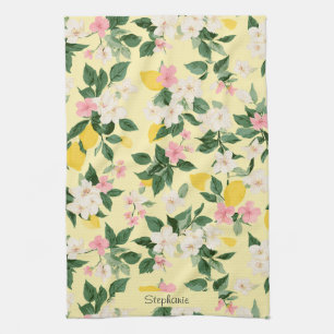 Linge De Cuisine Motif vintage citron et fleurs sur jaune