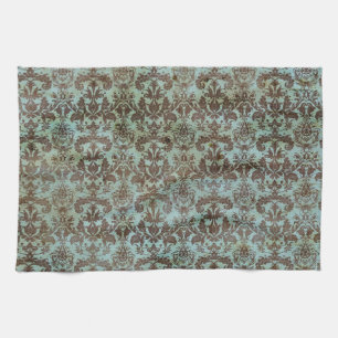 Linge De Cuisine Motif vintage de damassé de brun bleu de turquois
