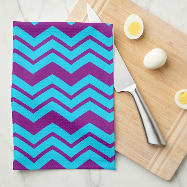 Linge De Cuisine Motif Zigzag Chevron Violet Bleu  (Quart Plié)