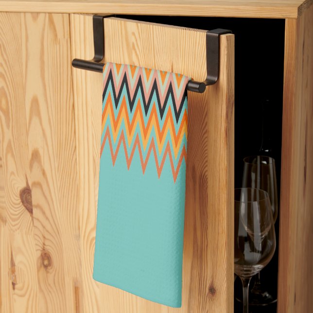 Linge De Cuisine Motif Zigzag jaune orange sur Turquoise (Pliage en tiers)