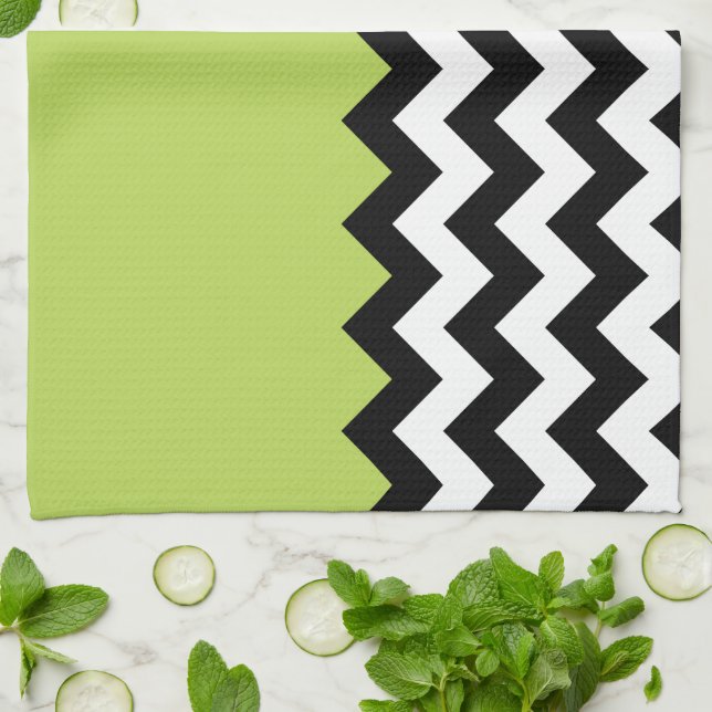 Linge De Cuisine Motif Zigzag noir et blanc, Chevron, Vert (Plié)