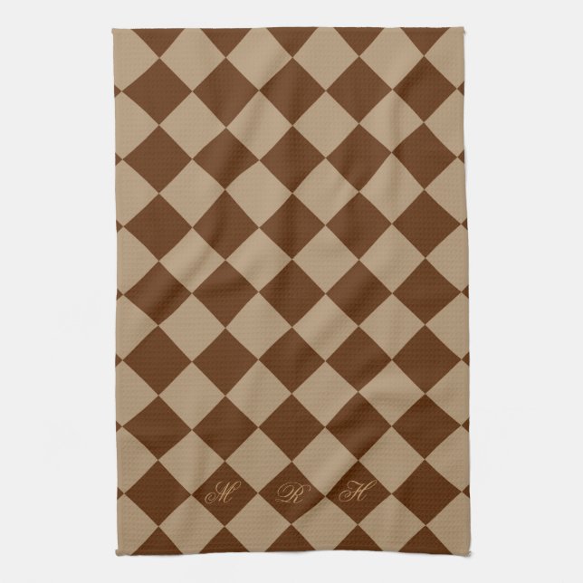 Linge De Cuisine Motifs de diamant Divin_Chocolat Mocha_monogramme (Vertical)
