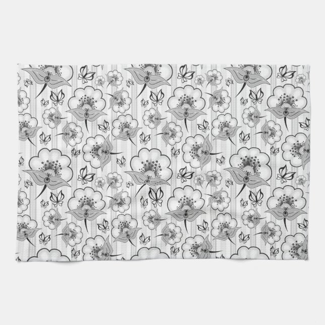 Linge De Cuisine Motifs de fleurs sans couture noir blanc mignons (Horizontal)