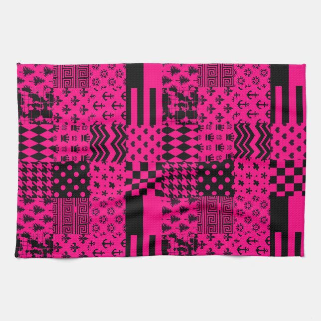 Linge De Cuisine Motifs mélangés rose noir (Horizontal)