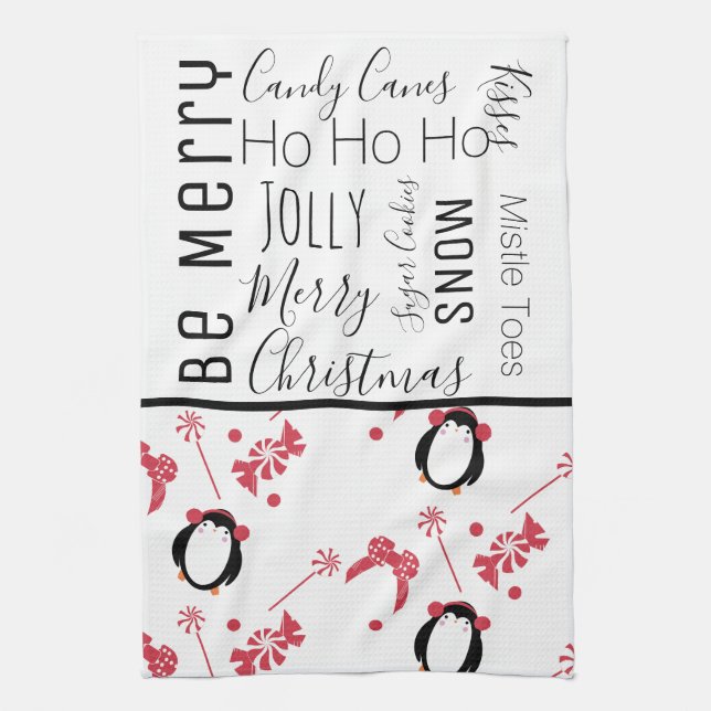 Linge De Cuisine Mots de bonbons de Noël de pingouin (Vertical)