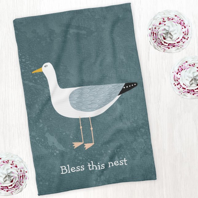 Linge De Cuisine Mouette Fantaisiste Nauticale Côtière (Seagull Bless this Nest custom text kitchen tea towel)