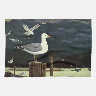 Linge De Cuisine Mouette vintage perchée sur une jetée, oiseaux mar