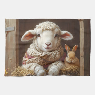 Linge De Cuisine Moutons et lapin douillets en Grange avec Fleurs