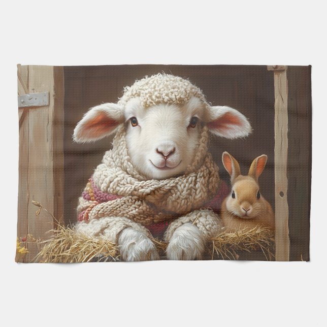 Linge De Cuisine Moutons et lapin douillets en Grange avec Fleurs (Horizontal)