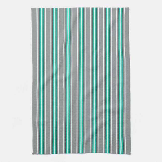 Linge De Cuisine Moyenne du siècle moderne rayures, gris et turquoi (Vertical)
