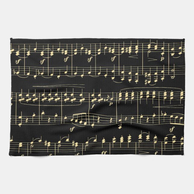 Linge De Cuisine Musique d'or en noir (Horizontal)