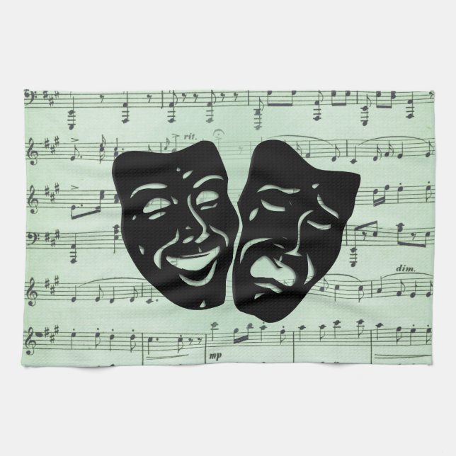 Linge De Cuisine Musique verte et masques grecs de théâtre (Horizontal)