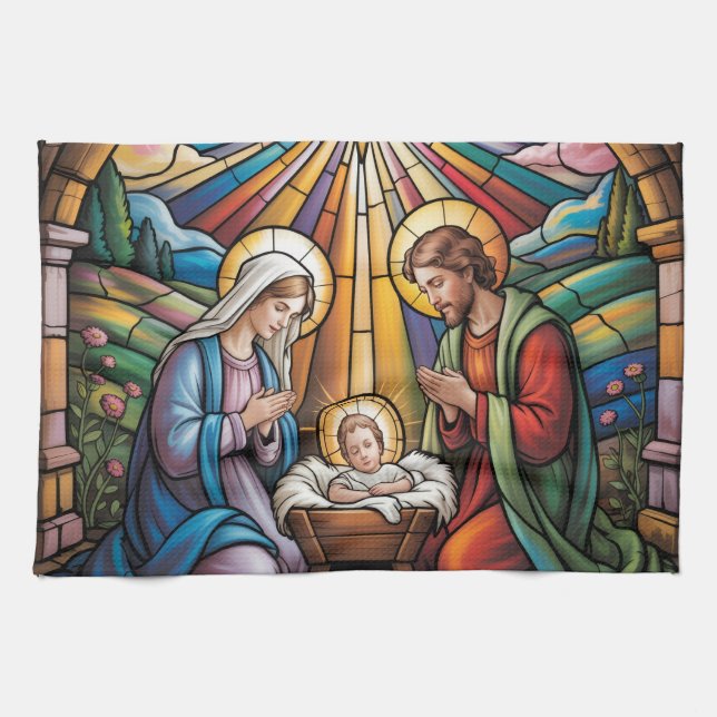 Linge De Cuisine Nativity Stained Glass Art – Holy Family Christmas (Horizontal)