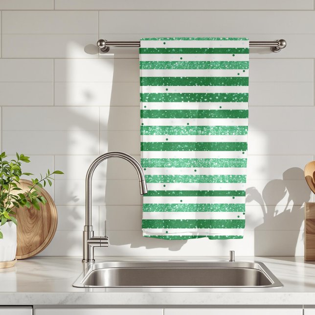Linge De Cuisine Nature Vert Blanc Rayures Horizontales Pailletées (Créateur téléchargé)