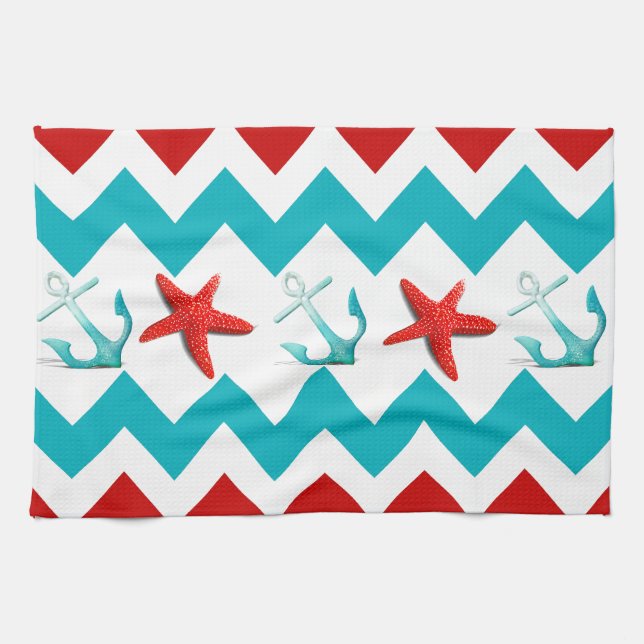 Linge De Cuisine Nautical Beach Rouge Turquoise Chevron Ancres Star (Horizontal)