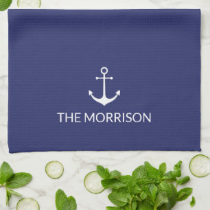 Linge De Cuisine Nautical Custom Boat Name blanc ancre marine bleu