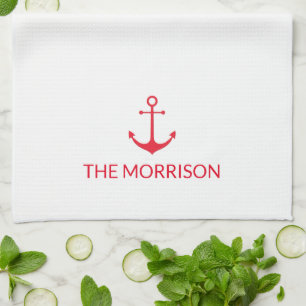 Linge De Cuisine Nautical Custom Boat Name rouge ancre blanche
