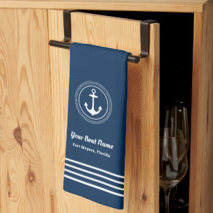 Linge De Cuisine Nautical Navy Blue Welcome Aboard Nom du bateau An