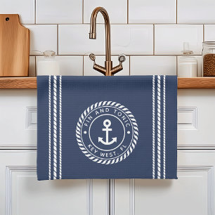 Linge De Cuisine Nautical Navy Blue & White Ancre Nom du bateau