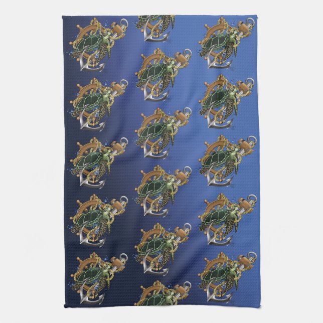 Linge De Cuisine Nautical Sea Turtle Anchor Ship Wheel Blue (Vertical)
