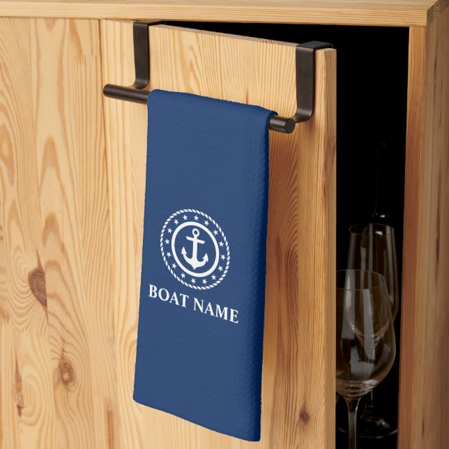 Linge De Cuisine Nautical Stars Nom du bateau Ancre Marine Bleu (Pliage en tiers)