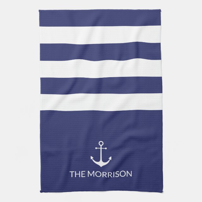Linge De Cuisine Nautical Stripes Nom du bateau ancre blanche marin (Vertical)