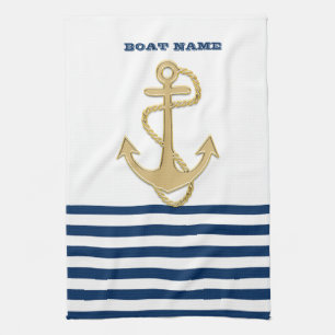 Linge De Cuisine Nautique, Ancre d'Or Bleu Marine Rayures Blanches