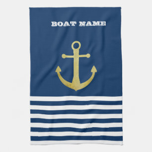 Linge De Cuisine Nautique, Ancre Dorée Rayé Bleu Marine
