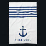 Linge De Cuisine Nautique Ancre Vintage Nom du bateau Marine Bleu B<br><div class="desc">Ancre Vintage nautique personnalisée avec votre nom de bateau personnalisé en bleu marine sur une serviette de cuisine blanche.</div>
