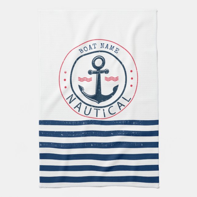Linge De Cuisine Nautique, nom du bateau, ancres à rayures bleu mar (Vertical)