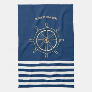 Linge De Cuisine Nautique, Roue de bateau dorée, Rayures bleu marin