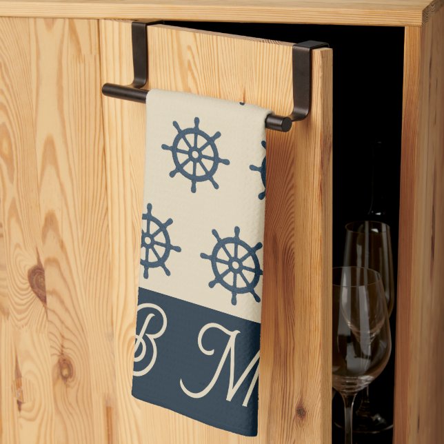 Linge De Cuisine Navire bleu marine roue & Monogram Beige Maison cô (Pliage en tiers)