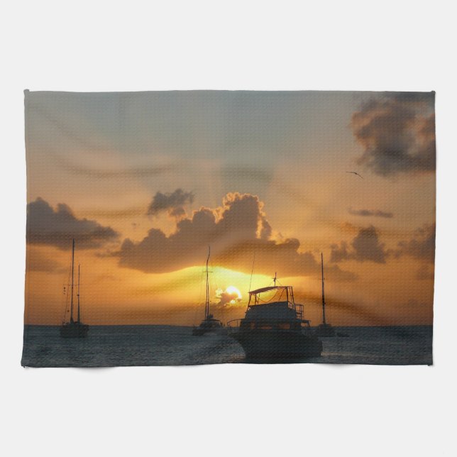 Linge De Cuisine Navires et Sunset Tropical Seascape (Horizontal)